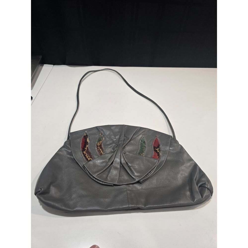 Unique Vintage Grey Leather Arched Shoulder/Clutch Bag w/Snakeskin Design
